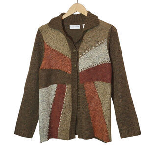 Alfred Dunner Colorblock Cardigan Sweater Brown Orange Size L Cozy Fall Style